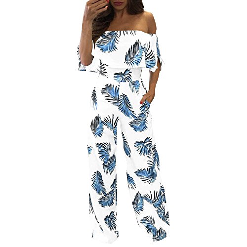 Sunenjoy Combinaison Pantalon Large Chic Femmes Casual Off épaule sans Bretelles sans Manches Floral Feuille Impression Lâche Combishort Jumpsuit Été Élégant (M, Bleu) Cover