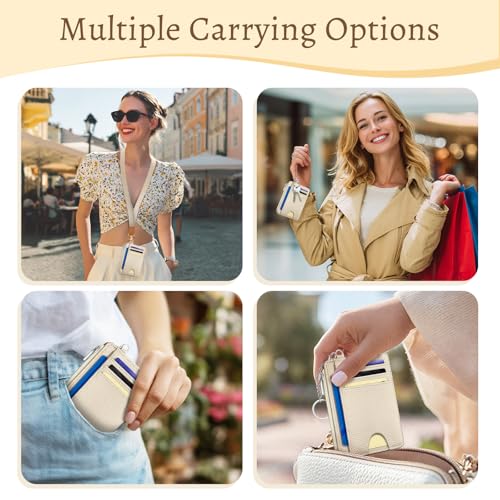 Image of Kelvoris Beige Credit Card Holder Small Wallet Women, Minimalist Slim RFID Blocking Wallet Woman Keychain with Zipper Coin Pocket, Front Pocket Thin Travel Card Case Organizer ID Window Ladies Gifts