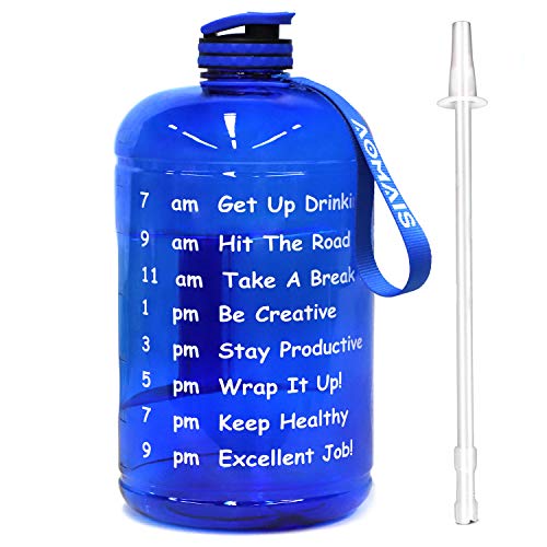 AOMAIS Gallon Water Bottle with Motivational Time Marker, Large 128 oz, Leak-Proof, Wide Mouth, BPA Free Water Bottles for Sports Gym Fitness Work(1 Gallon, Blue)