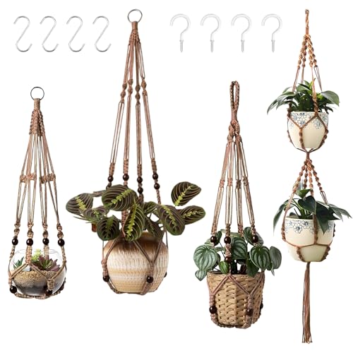 GEEKEO Makramee Blumenampel Hängend Innen 4er Set Hängeampel mit Haken Makramee Pflanzenhänger Innen Pflanzkorb Hängender Boho Deko Baumwollseil Hängepflanzen Topf für Balkon Fenster Deko
