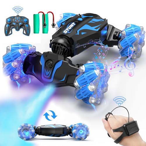 BEZGAR Ferngesteuertes Auto - Autos mit handsteuerung 4WD 2,4 GHz RC Auto für Kinder, Verwandeln Stunt car mit LED Sprühnebel Musik, Geschenk Junge Spielzeug ab 5 6 7 8 Jahre, Blau