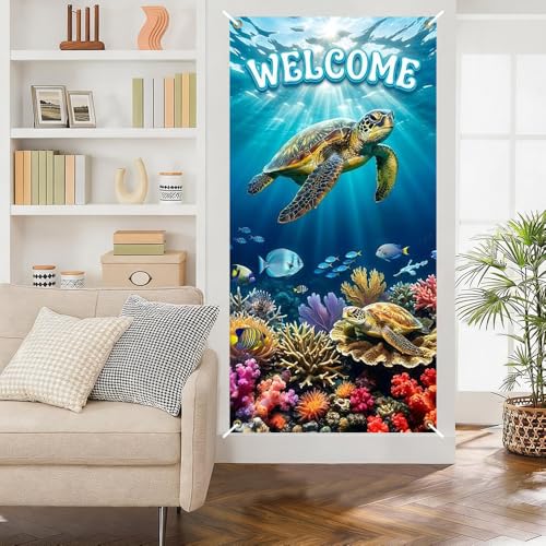 Image of Welcome Sea Turtle Door Cover Ocean Underwater Front Door Banner