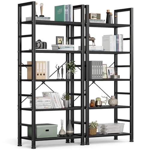 Image of DUMOS 5 Tier Book Shelf Tall Modern Bookcase Set of 2 for Books, CDs, Movies, Storage and Organization Bookshelf Industrial Home Decor for Bedroom Office Kitchen Living Room, Black