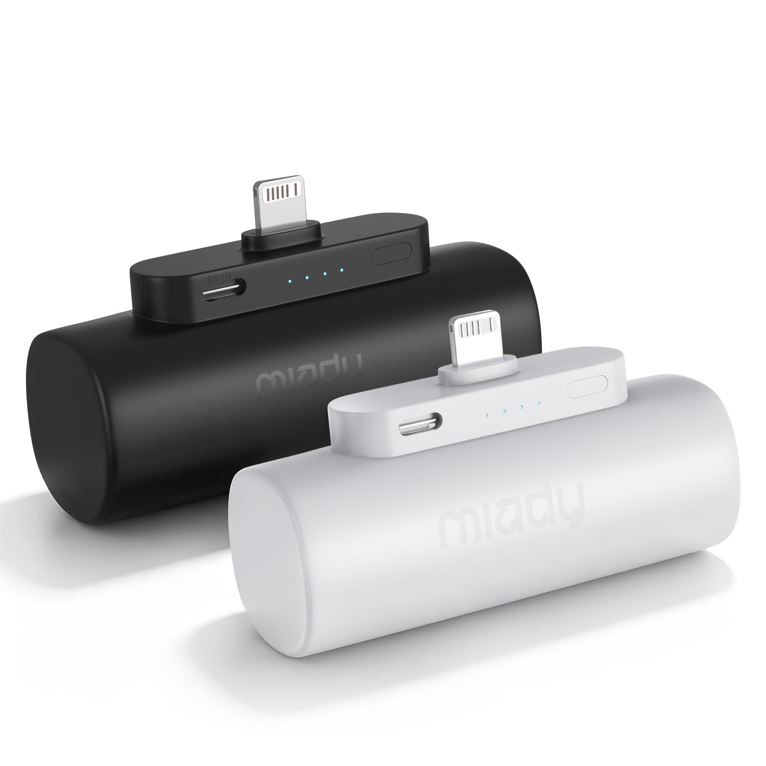 Miady 2-Pack Mini Power Bank Built-in Connector Small Portable Charger | 5000mAh Battery Pack丨18Wh丨Not for Android丨Lightweight丨Pocket Size丨Compatible with iPhone 14/13 Series丨Flight-Safe丨Black+White