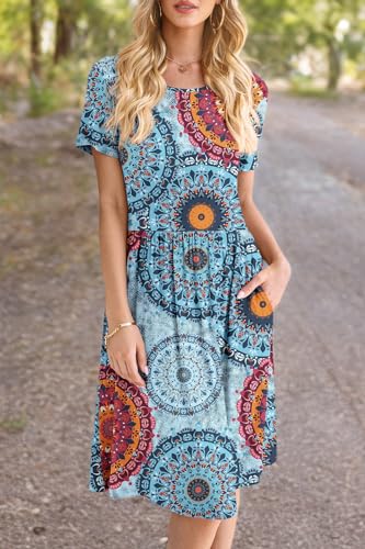 DB MOON Women Summer Casual Short Sleeve Dresses Empire Waist Dress with Pockets