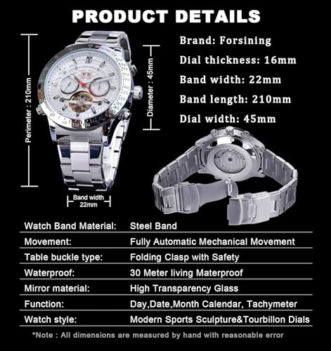 FORSINING Men Tourbillon Mechanical Self-Wind Watch, Day Date Month Full Calendar, Luminous Tachymeter Multifunctional Automatic Watches, Carved Big Dial Stainless Steel Band Wrist Watch