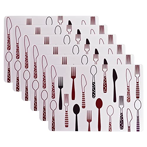Image of Washable Table Place Mats Set of 6, Heat Insulation Non-Slip PVC Plastic Rectangular Placemats for Kitchen, Restaurants Dinning Room, 40 x 28.1 cm (Set of 6, Brown - Fork & Knife)
