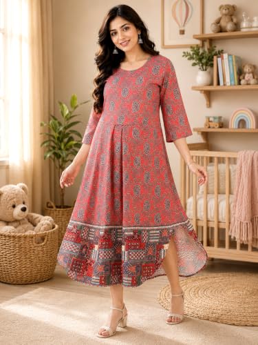 Image of RITIJYA Zipless Feeding Kurta Dress for Women | Maternity Nursing Kurti, No-Zip Easy Access | Extra Pleats Pre to Post Pregnancy | Quick-Dry Fabric | S-4XL