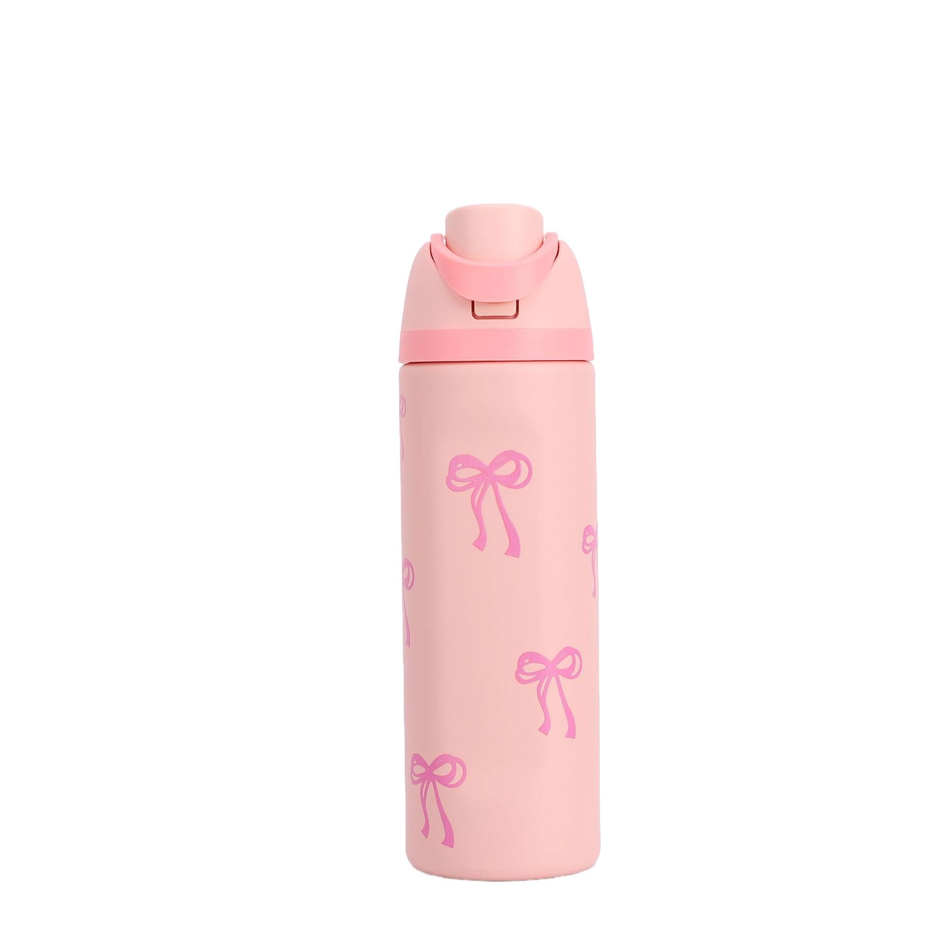 304 Stainless Steel Fitness Sports Vacuum Bottle with Handle and Straw, Large Capacity Macaron Thermal Mug /16/19/24/32 oz (Pink Bow tie,24)