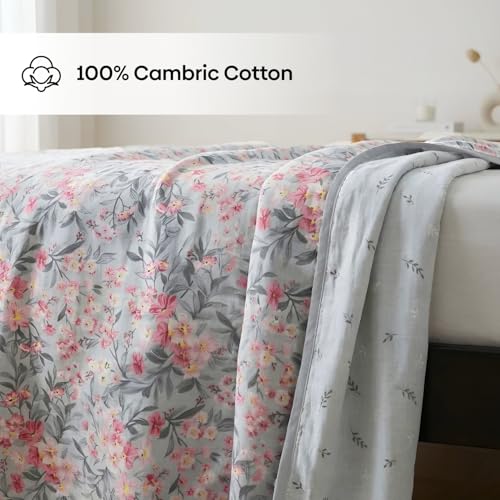 Image of haus & kinder Cotton Dohar for Double Bed Queen Size | Lightweight Summer Blanket AC Dohar | 3 Layer Soft Reversible Cotton Quilt Blanket for Bed | Grey Floral Design | 100 x 89 Inches | 144 TC