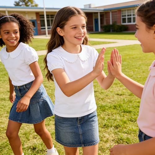 Image of LYSMuch Girl Short Sleeve Peter Pan Collar Shirt Kid School Polo Shirt | Uniform Short Sleeve shirt, buttoned back neckline, machine washable, wrinkle-resistant, regular fit Cute Summer Tops