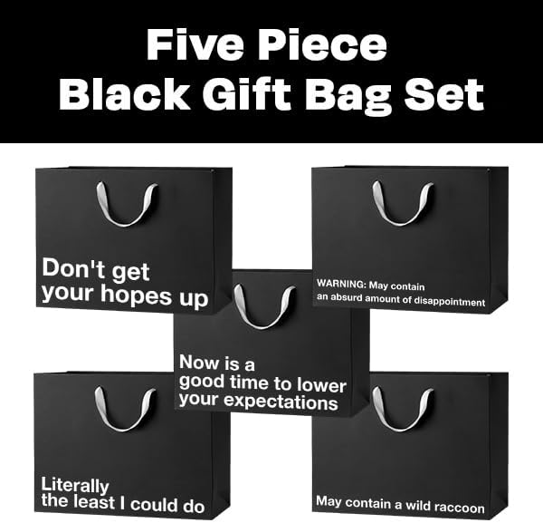 MilkToast Brands Funny Gift Bags, 16" x 6" x 12" Size, 5-Pack Set with Assorted Sarcastic Phrases, Large Black Kraft Paper Bags for White Elephant Gifts, Christmas, Holidays, Office Parties, Birthdays