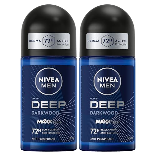 NIVEA MEN Antiperspirant Roll-on for Men DEEP Black Carbon Antibacterial Dark Wood Scent 2x50ml