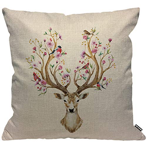 HGOD DESIGNS Kissenbezug Blume Hirsch Aquarell Hirsch Groß Geweih Blumen Und Vögel EIN Die Hörner Kissenhülle Haus Dekorativ Für Jungen/Mädchen Wohnzimmer Schlafzimmer Sofa Stuhl Kissenbezüge 45X45cm Cover