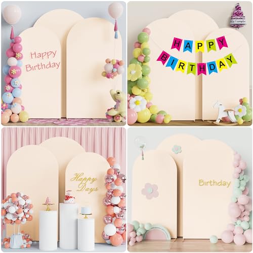 Image of Wokceer Wedding Arch Backdrop Cover (8FT, 7.2FT, 6.6FT) Set of 3 Spandex Fitted Wedding Arch Stand Covers Round Top Chiara Backdrop Stands Cover for Birthday Party Ceremony Banquet Decor Beige