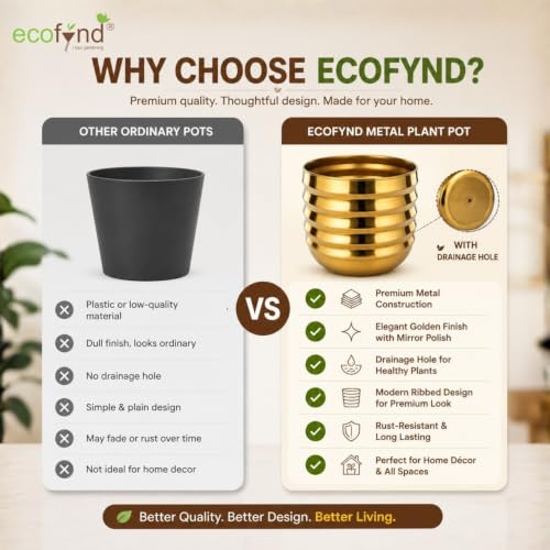 Image of ecofynd 1 Pack 5 Inch Gold Metal Flower Pot, Modern Decorative Indoor Planter for Small Plants, Tabletop Plant Pot for Home, Office, Living Room, Bedroom, Shelf & Windowsill Decor (POT057-GO)