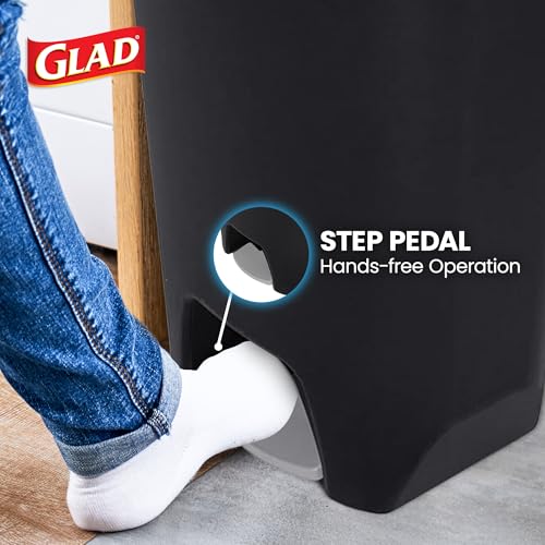 Image of Glad 20 Gallon Trash Can with Clorox Odor Protection | Plastic Kitchen Waste Bin | Hands Free with Step On Foot Pedal and Garbage Bag Rings, Black
