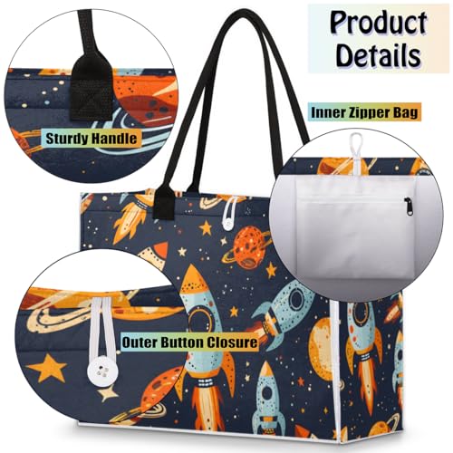 Flying Rocket Planet Tote Bag for Women Large Beach Bag Reusable Tote Bags for Work Travel Beach Shopping4