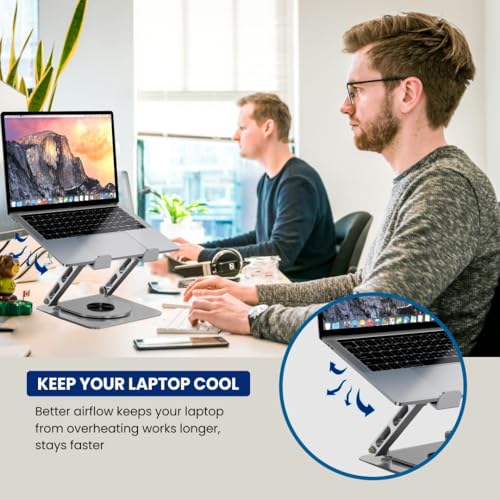 Image of Dyazo 360 Rotating Laptop Stand | Height Adjustable Laptop Riser for Desk | Foldable Metal Notebook Holder with Swivel Base | Compatible for MacBook, HP, Dell, Lenovo & All 10-15.6 Inch Laptop (Grey)