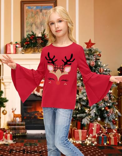 Image of BesserBay Girls Christmas Long Bell Sleeve Ruffle Tunic Top 4-12 Years