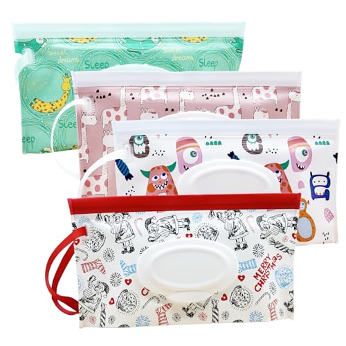 Image of VOONGOR Portable Wet Wipe Pouch, Reusable Refillable Baby Travel Wipes Holder & Case, Lightweight Flushable Diaper Wipes Container for Festive Holiday Christmas Gifts (4 Pack)