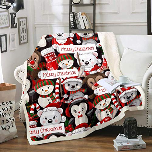 Loussiesd Christmas Theme Cartoon Deer & Rabbit Cute Animal Theme Sherpa Throw Blanket - Plush Fuzzy Xmas Gift - 30"x40"