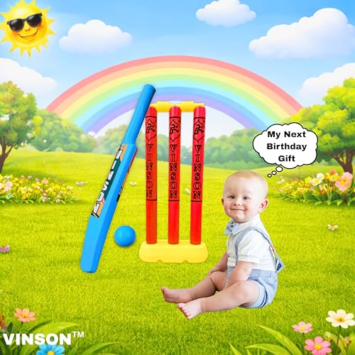 Image of Vinson Baby Cricket Kit Toy Set for Kids (Age 1-3 Years) | Plastic Cricket Bat, 55 mm Soft Plastic Ball, 3 Stumps with 2 Bails & PVC Carry Bag | Indoor & Outdoor Sports Toy for Toddlers