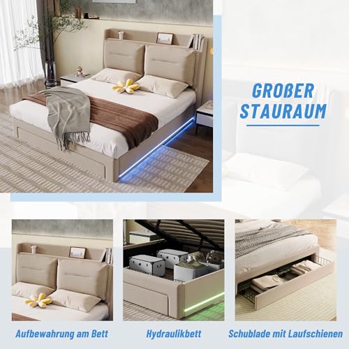 Rtopsu Polsterbett Doppelbett 180x200 cm mit LED-Licht und Bettende Stauraum Schublade, Bett mit Stauraum und Kopfteil, Hydraulisches Bett mit Lattenrost aus Holz, Beige, Samt, Ohne Matratze