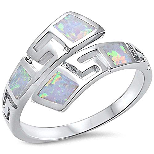 CloseoutWarehouse Simulated Blue Opal Greek Key Design Band Ring Sterling Silver