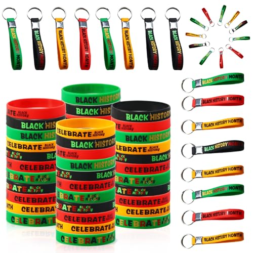 Tewloss 120 Pcs Black History Bracelet Themed Silicone Bracelets Freedom Day Keychains Black History Month Wristbands African American Month February Festival Wristbands Keychains