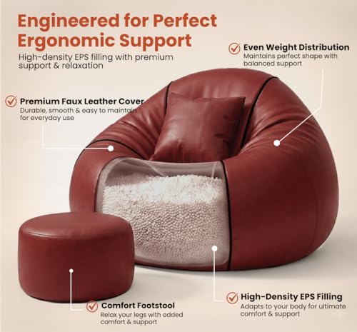 Image of Sattva Piping 4XL Sofa Style Bean Bag Chair with Beans Filled | Faux Leather Bin Bags Set with Footstool & Cushion | Large Beam Bag for Adults, Teens, Home & Living Room - Tan with Black Piping