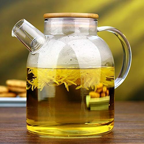 ROSEFINCH Glass Pitcher with Wooden Bamboo Lid and Golden Handle- 1.5 Litre - Glass Water Sun Tea Jar for - iced Tea, Juice, Milk, Coffee, Fruit Hot & Cold Beverages Carafe - Pack of 1, Clear. 1