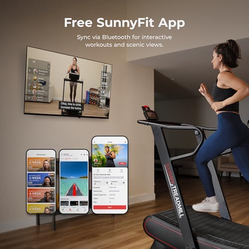 Image of Sunny Health & Fitness Smart Curved Manual Treadmill, Non-Motorized Self-Powered Running Machine, Heavy-Duty Commercial-Grade Endurance Training with 8-Level Magnetic Assistance, Adjustable Handlebar