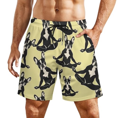 Boston Terrier Dog Yoga Beach Shorts for Men Swim Trunks Quick Dry Swim Shorts with Compression Liner Pocket