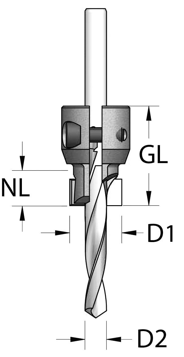 ENT 52165 Aufsteckversenker verstellbar HW (D1) 11,5-15,5 mm, NL 12 mm, GL 28 mm, Bohrdurchmesser (D2) 3,0-7,2 mm