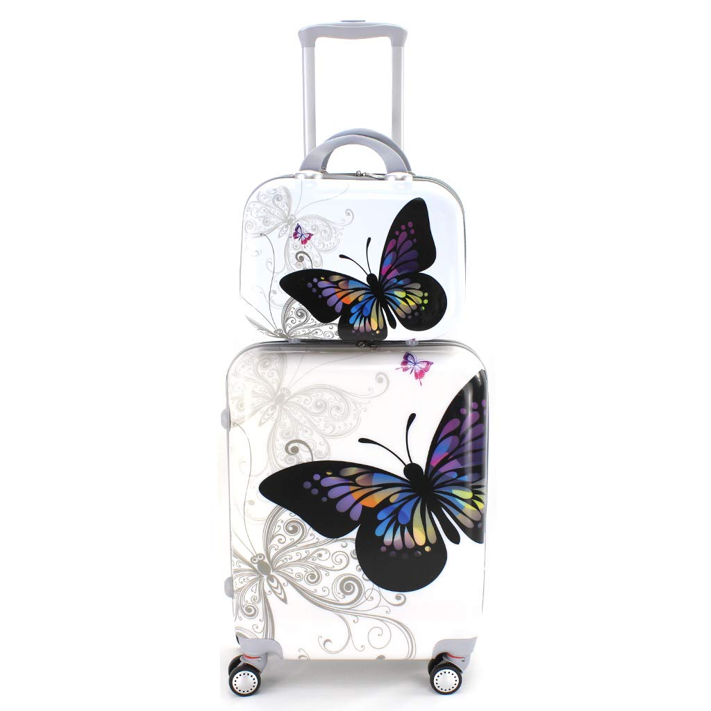 YY Maleta de Cabina con Neceser Trolley de Viaje Equipaje de Mano 4 Ruedas giratorias 360grados Dibujos Fantasia Paisaje (Mariposa Blanco)