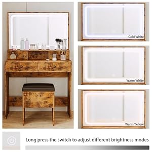 Ironckvanitydesksetwithledlightedmirrorpoweroutletmakeupvanitytablewith4drawersstoragebenchdressingtableforbedroomvintagebrown Urban Country Home Decor Ironck vanity desk set with led lighted mirror power outlet makeup vanity table with 4 drawersstorage benchdressing table for bedroom vintage brown urban country home decor