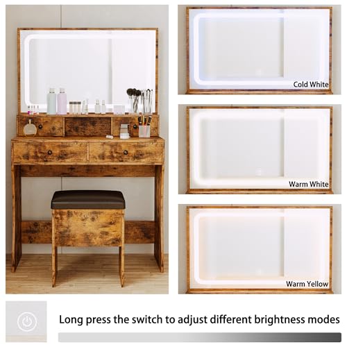 Ironckvanitydesksetwithledlightedmirrorpoweroutletmakeupvanitytablewith4drawersstoragebenchdressingtableforbedroomvintagebrown Urban Country Home Decor Ironck vanity desk set with led lighted mirror power outlet makeup vanity table with 4 drawersstorage benchdressing table for bedroom vintage brown urban country home decor