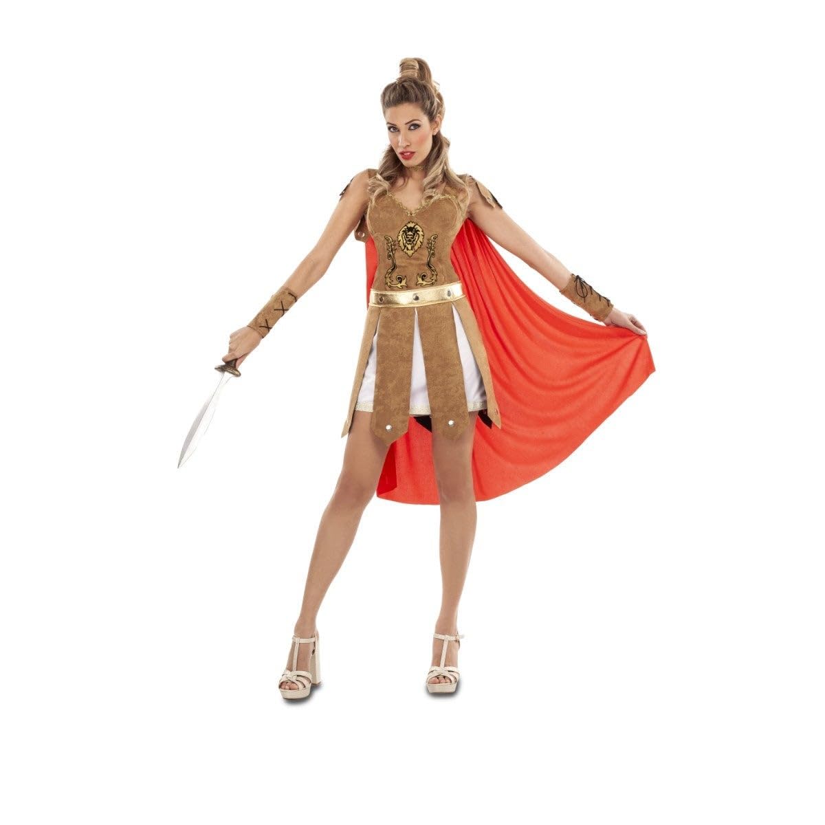 My Other Me - Disfraz Romana mujer adulto en marrón y rojo | Incluye vestido con falda blanca con ribete dorado, capa roja, cinturón, muñequeras y gargantilla