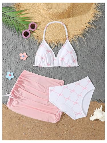 Verdusa Girl's 3 Piece Cute Bow Bikini Set Halter Triangle High Waisted Bathing Suit with Cover Up3