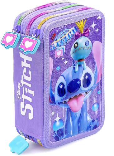 Estojo escolar 3 fechos de correr completo para menina - para Stitch Fan - material escolar de 46 peças - Plumier triplo com canetas apagáveis, marcadores, lápis de cor