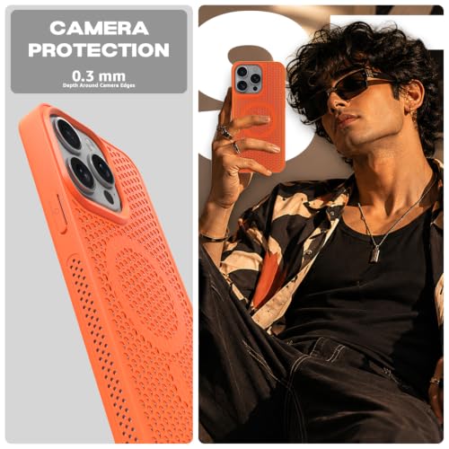 Image of Outlouders Back Cover for iPhone 16 Pro Max | Honeycomb Cooling Design | Silicone Heat Dissipation | Mag-Safe Compatible | Shockproof Camera Protection Bumper Case (Orange Mag-Safe)