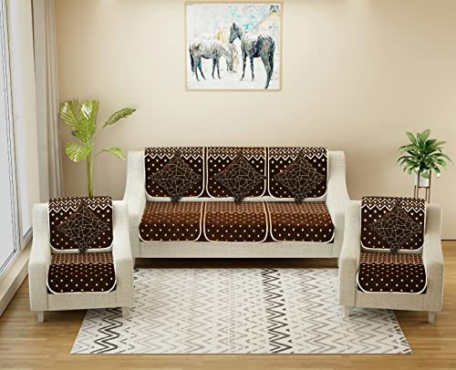 Image of Premium 5 Seater Printed Sofa Cover Set 3,1,1 Seater 10 Pieces Sofa Back Slip Panels, Protector for Single Seater (Coffee, 3+1+1 with Cushion Covers)