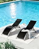 BouPower Pool Lounge Chairs Set of 2, Aluminum Adjustable Outdoor Chaise Lounge, Rust-Resistant Poolside Chairs, All-Weather Outdoor Recliners for Poolside Deck Lawn Balcony, Black