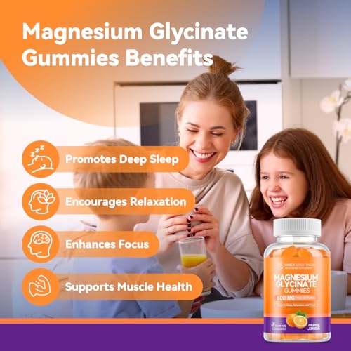 Image of Magnesium Glycinate Gummies 600mg, Non-GMO, Gluten-Free, Magnesium Gummies for Adults & Kids, Sleep, Relaxation & Focus, Orange Flavor, 60 Count