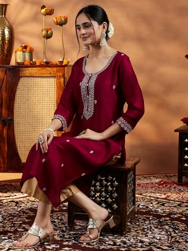 Image of Libas Women's Silk Embroidered Straight Fit Kurta | Ethnic wear | Bridal Suit | Wedding Dress | Occasion wear
