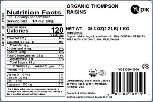 Image of Yupik Organic Thompson Raisins, 2.2 lb (35.2 oz), Gluten-Free, Kosher, Non-GMO, Vegan, Dried Fruits, Naturally Sweet, No Added Sugar, Seedless, Healthy Snacks, Fruity Topping & Inclusion