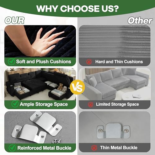 Image of Sleeper Sectional Couch, Sleeper Sofa Bed with Pull Out Bed, Oversized Corduroy Couch for Living Room, Bedroom and Apartment, Modular Corner Sofa with Storage, Black