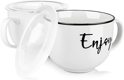 Tazas de sopa con asas y tapas ventiladas, cuencos de sopa aptos para microondas de 26 onzas, juego de tazas de cerámica para avena durante la