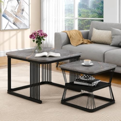 Image of Brown Art Shoppee Set of 2 Modern Coffee Tables with Marble Finish Top, Metal Frame, Nesting Center Table & End Table for Living Room Home Decor (Black & Grey)